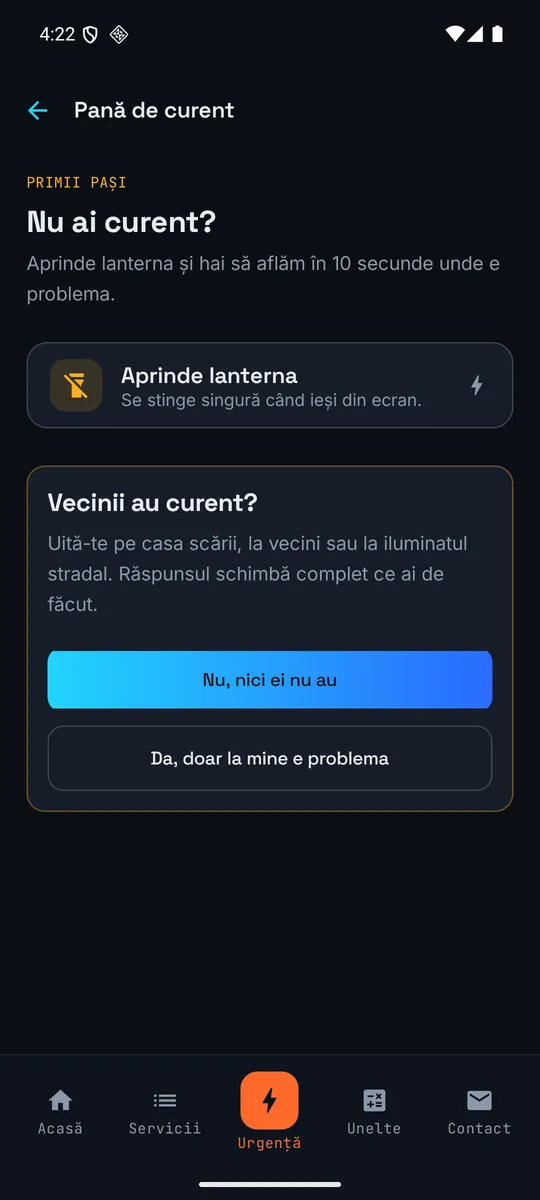 Ecranul principal al aplicației Voltlink, cu scurtături rapide